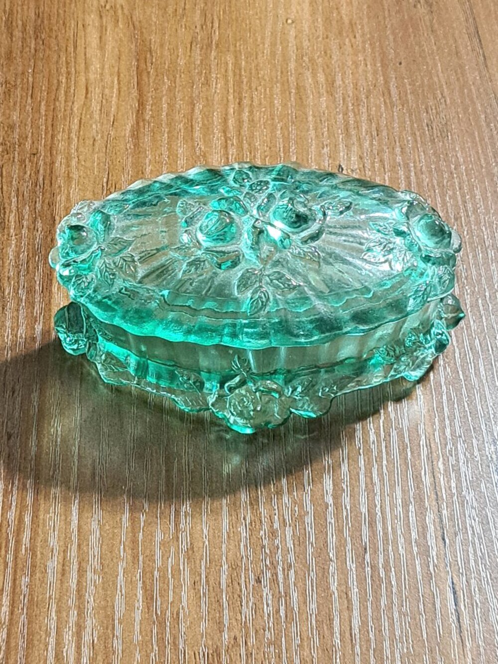 Vintage Fenton Green Glass Jewelry Jar